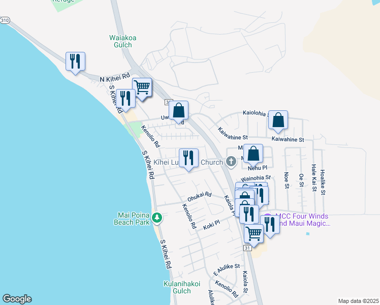 map of restaurants, bars, coffee shops, grocery stores, and more near 85 Honuea Place in Kihei