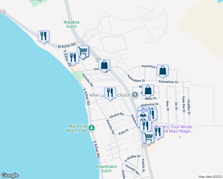 map of restaurants, bars, coffee shops, grocery stores, and more near 85 Honuea Place in Kihei