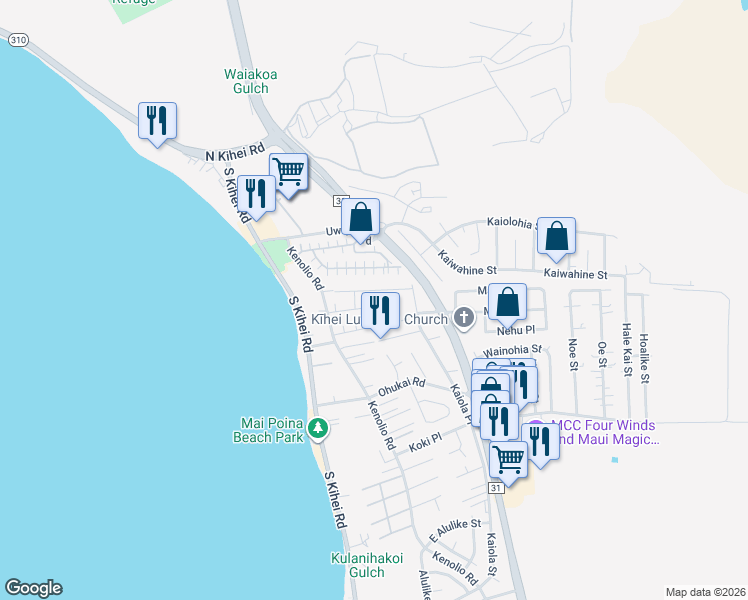 map of restaurants, bars, coffee shops, grocery stores, and more near 65 Honuea Place in Kihei