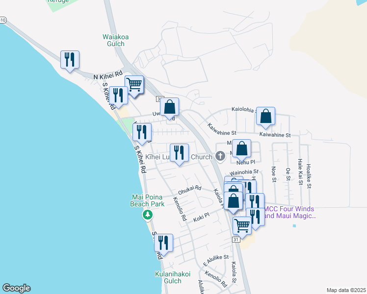 map of restaurants, bars, coffee shops, grocery stores, and more near 93 Honuea Place in Kihei