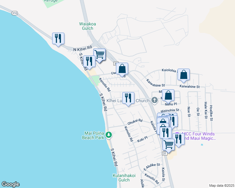 map of restaurants, bars, coffee shops, grocery stores, and more near 95 Honuhula Street in Kihei