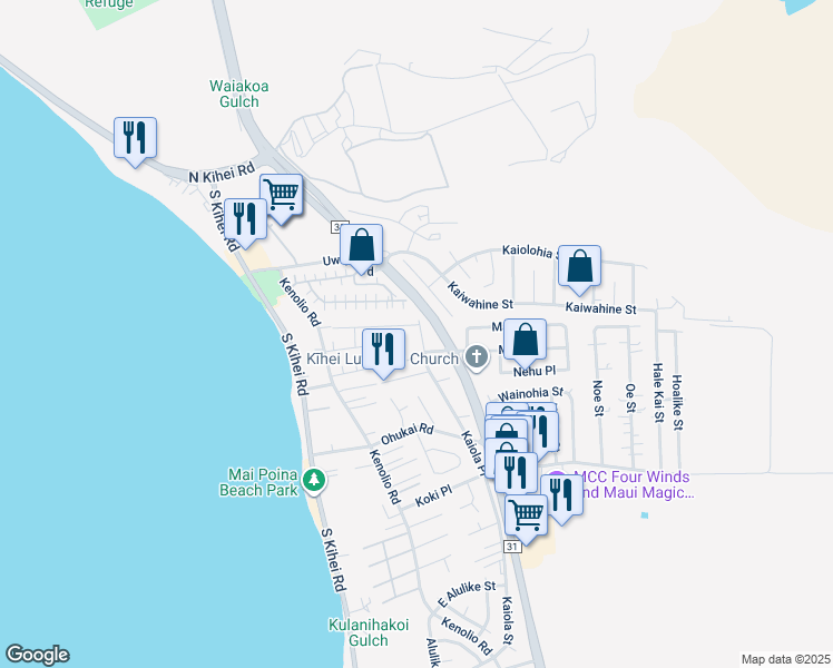 map of restaurants, bars, coffee shops, grocery stores, and more near 200 Kaiola Place in Kihei