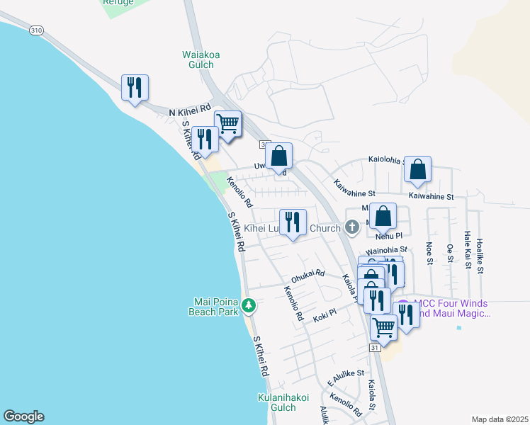 map of restaurants, bars, coffee shops, grocery stores, and more near 105 Honuhula Street in Kihei