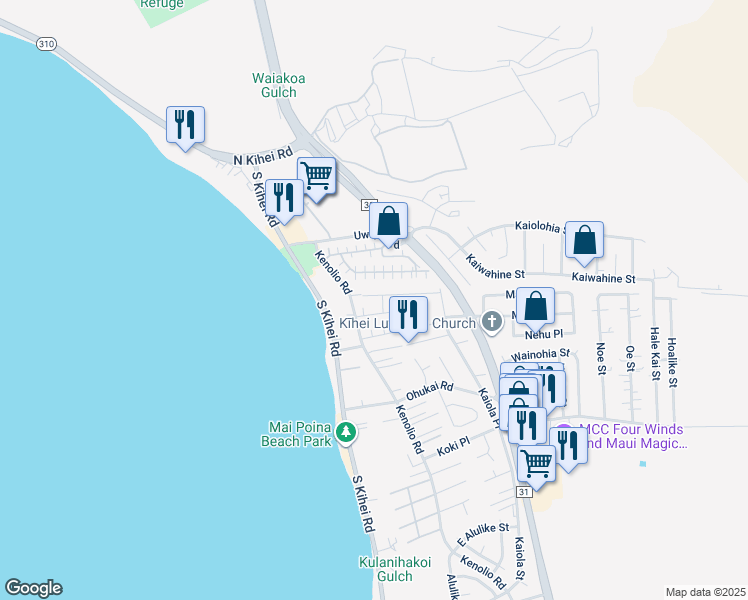 map of restaurants, bars, coffee shops, grocery stores, and more near 95 Honuhula Street in Kihei