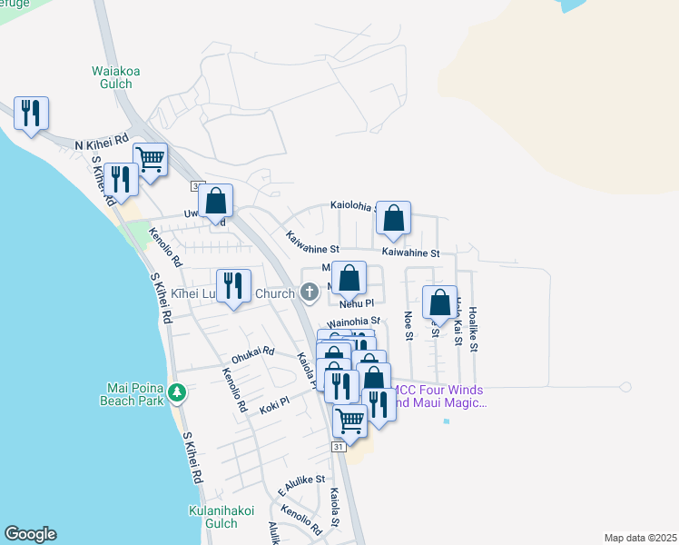 map of restaurants, bars, coffee shops, grocery stores, and more near 266 Manini Place in Kihei