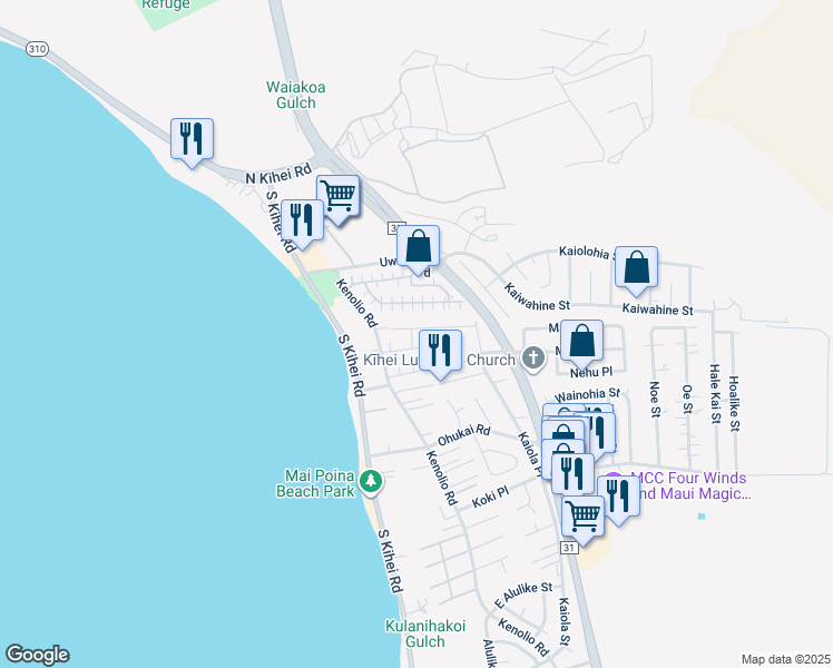 map of restaurants, bars, coffee shops, grocery stores, and more near 77 Honuhula Street in Kihei