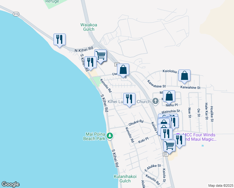 map of restaurants, bars, coffee shops, grocery stores, and more near 105 Honuhula Street in Kihei