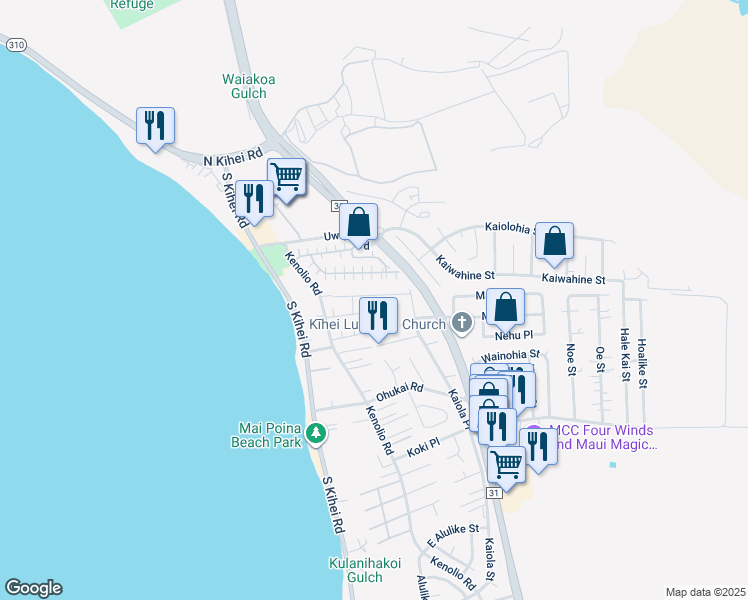 map of restaurants, bars, coffee shops, grocery stores, and more near 53 Honuhula Street in Kihei