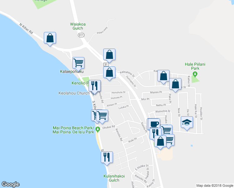 map of restaurants, bars, coffee shops, grocery stores, and more near 53 Honuhula Street in Kihei