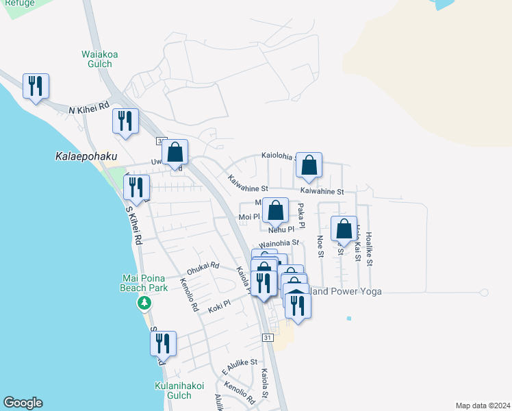 map of restaurants, bars, coffee shops, grocery stores, and more near 260 Manini Place in Kihei