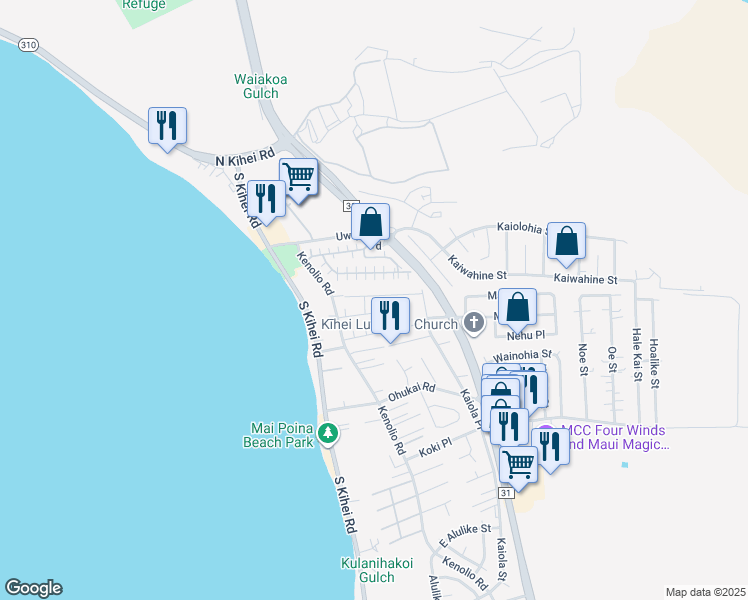 map of restaurants, bars, coffee shops, grocery stores, and more near 73 Honuhula Street in Kihei