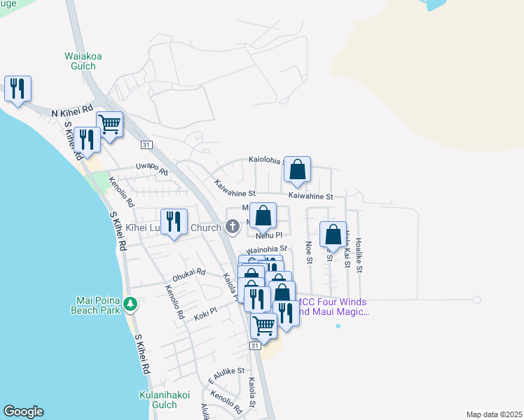 map of restaurants, bars, coffee shops, grocery stores, and more near 302 Manini Place in Kihei