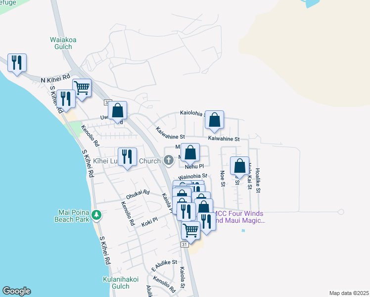 map of restaurants, bars, coffee shops, grocery stores, and more near 288 Manini Place in Kihei