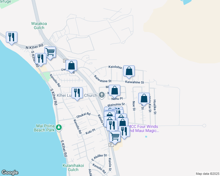 map of restaurants, bars, coffee shops, grocery stores, and more near 280 Manini Place in Kihei