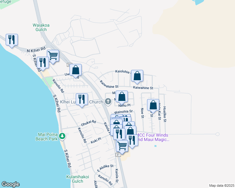 map of restaurants, bars, coffee shops, grocery stores, and more near 280 Manini Place in Kihei