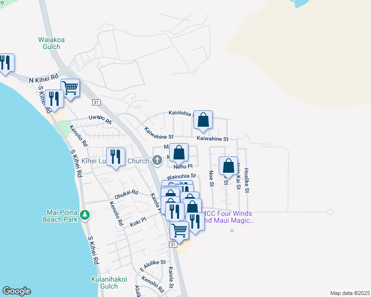 map of restaurants, bars, coffee shops, grocery stores, and more near 324 Manini Place in Kihei