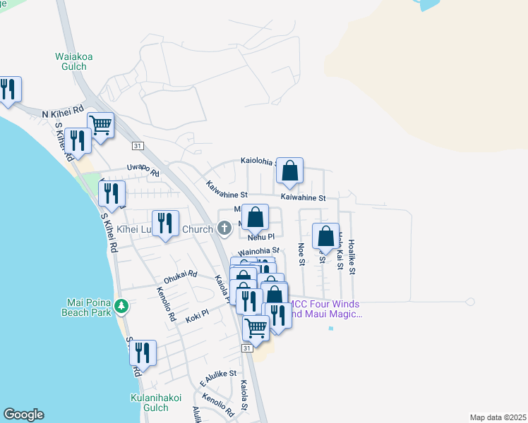 map of restaurants, bars, coffee shops, grocery stores, and more near 324 Manini Place in Kihei