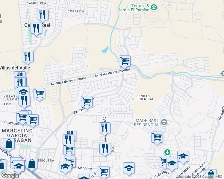 map of restaurants, bars, coffee shops, grocery stores, and more near 1235 Boulevard Valle Imperial in Nuevo México
