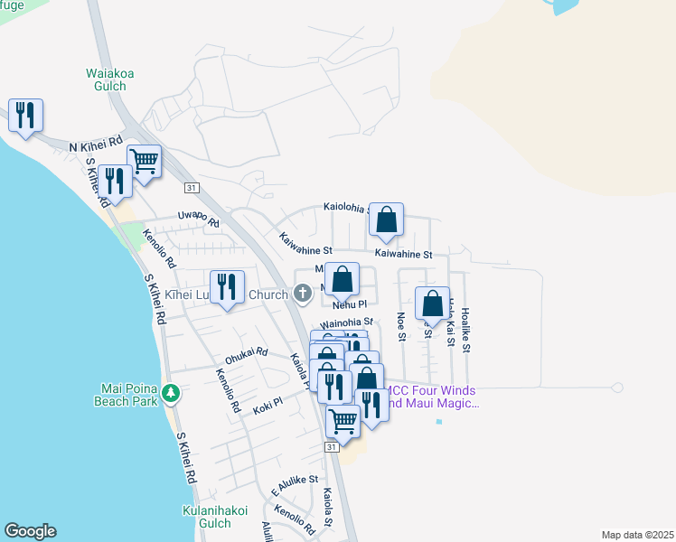 map of restaurants, bars, coffee shops, grocery stores, and more near 296 Manini Place in Kihei