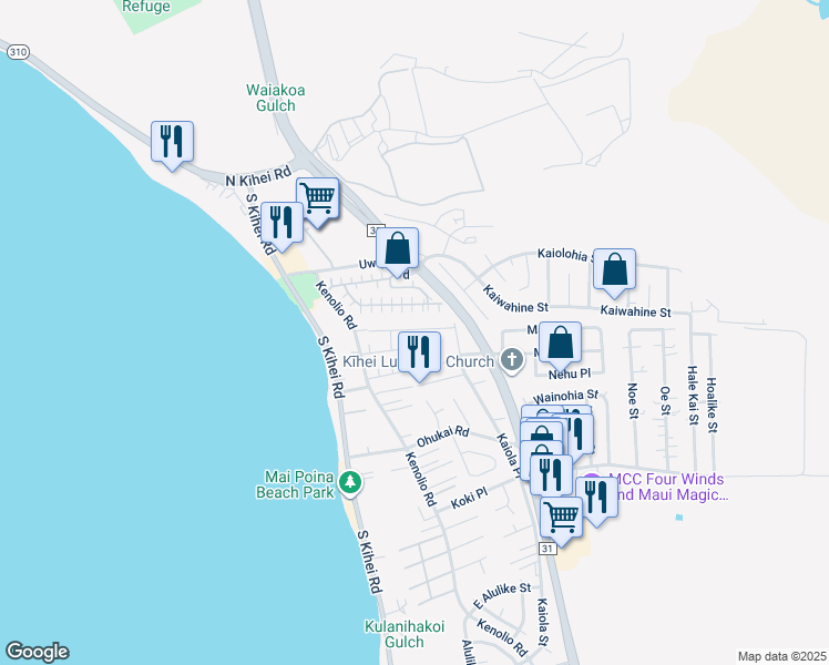 map of restaurants, bars, coffee shops, grocery stores, and more near 55 Honuhula Street in Kihei