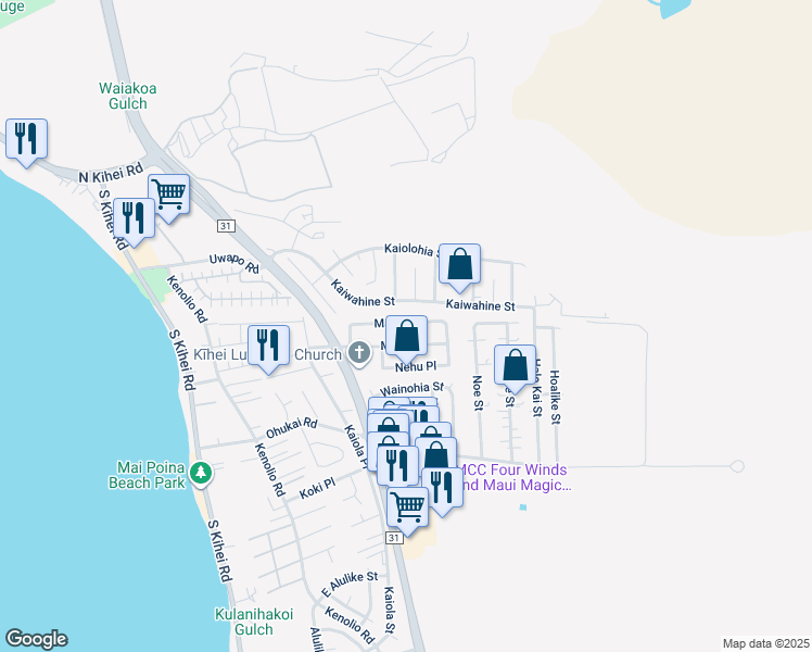 map of restaurants, bars, coffee shops, grocery stores, and more near 302 Manini Place in Kihei