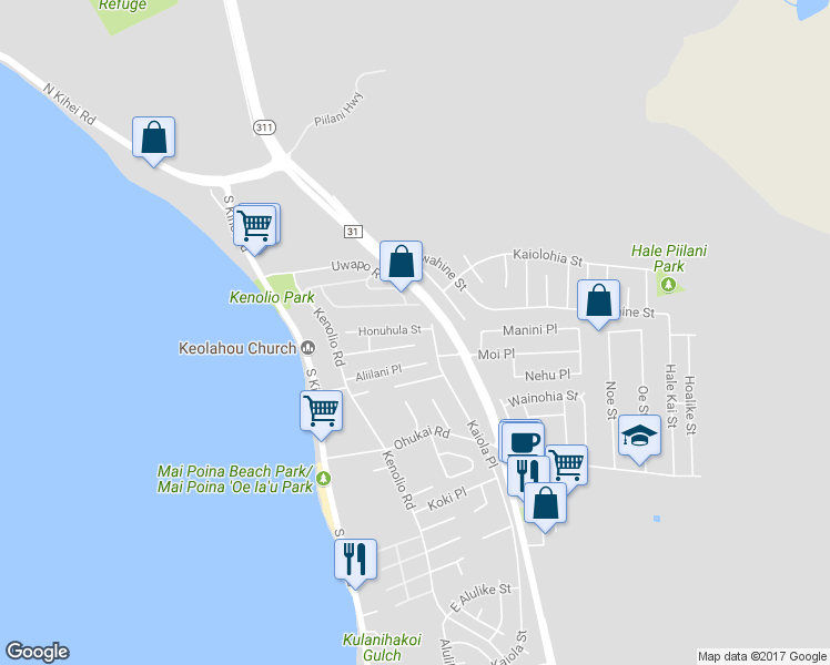 map of restaurants, bars, coffee shops, grocery stores, and more near 23 Honuhula Street in Kihei