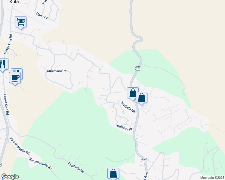 map of restaurants, bars, coffee shops, grocery stores, and more near 67 Ainakula Road in Kula
