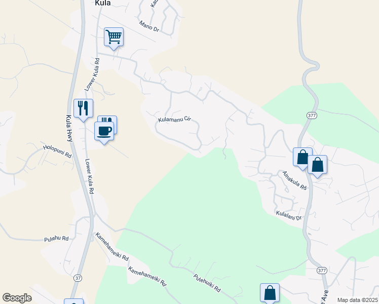 map of restaurants, bars, coffee shops, grocery stores, and more near 183 Kulamanu Circle in Kula