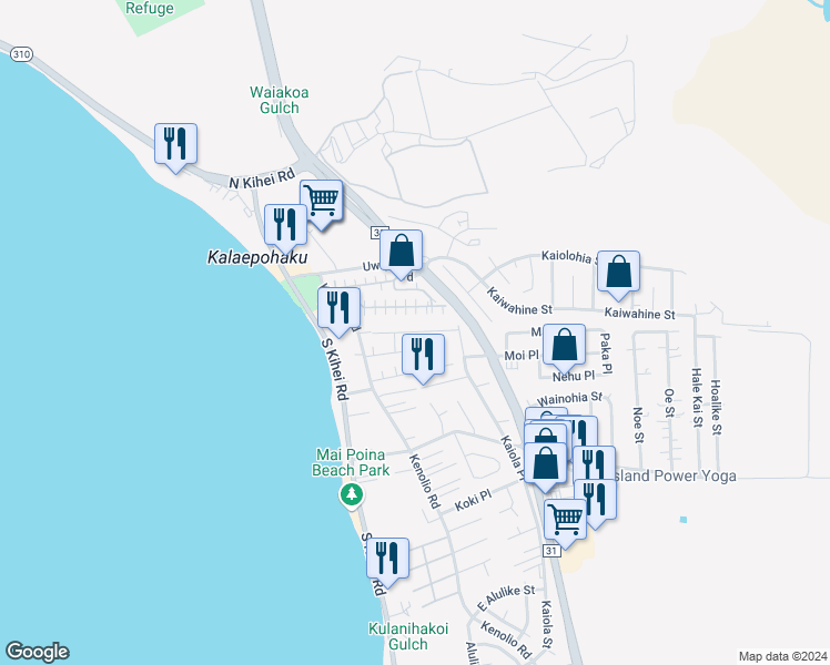 map of restaurants, bars, coffee shops, grocery stores, and more near 62 Honuhula Street in Kihei