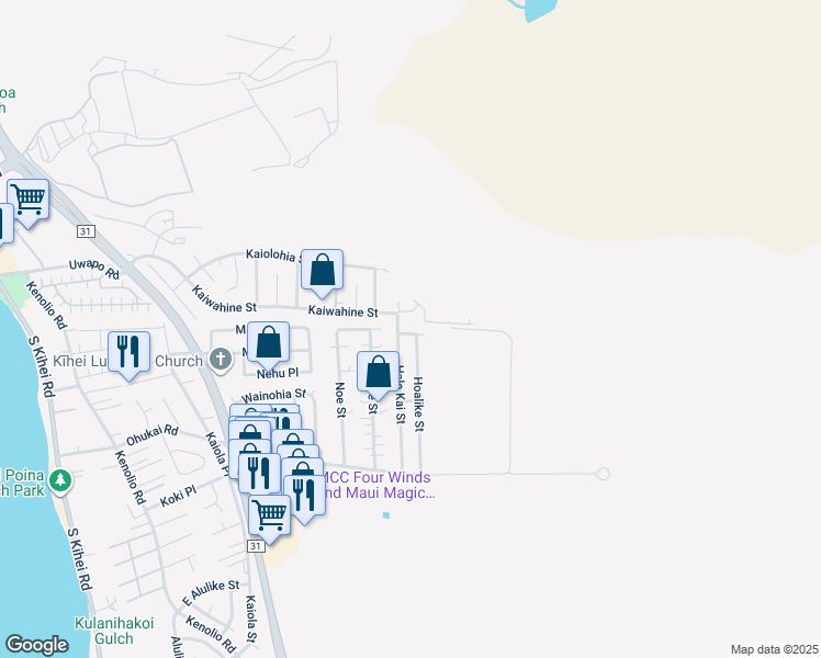 map of restaurants, bars, coffee shops, grocery stores, and more near 489 Lauloa Street in Kihei