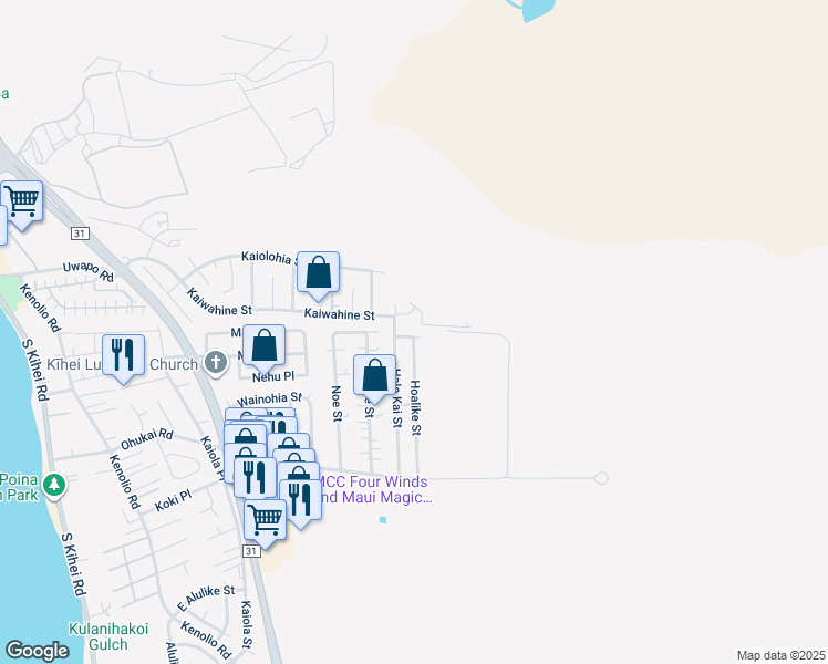 map of restaurants, bars, coffee shops, grocery stores, and more near 503 Lauloa Street in Kihei