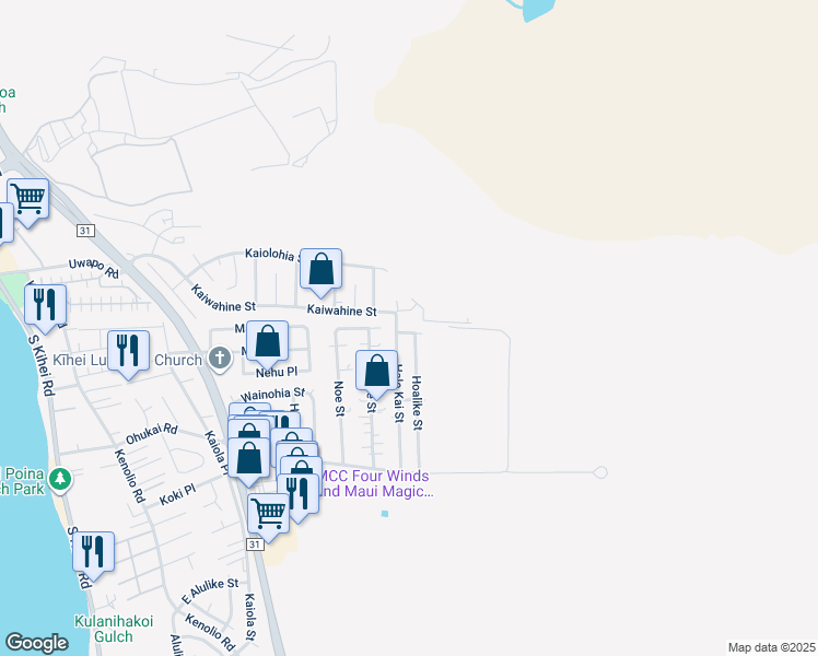 map of restaurants, bars, coffee shops, grocery stores, and more near 489 Lauloa Street in Kihei