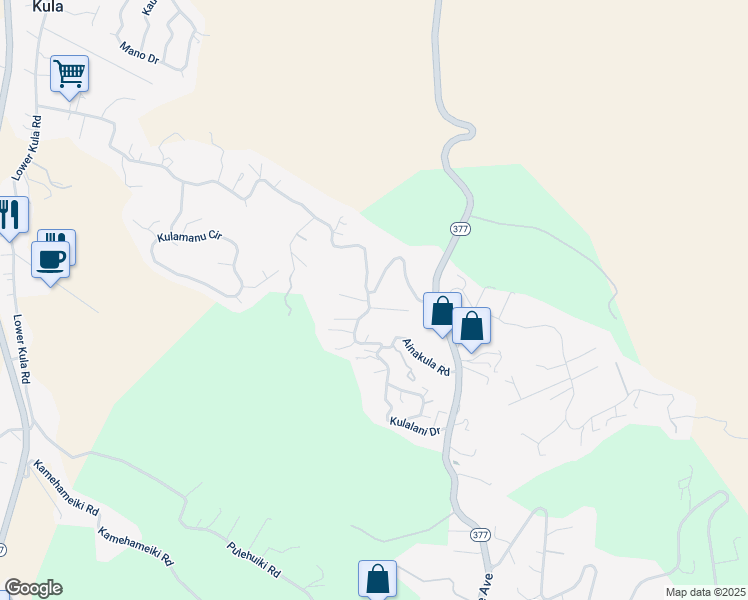 map of restaurants, bars, coffee shops, grocery stores, and more near 67 Ainakula Road in Kula