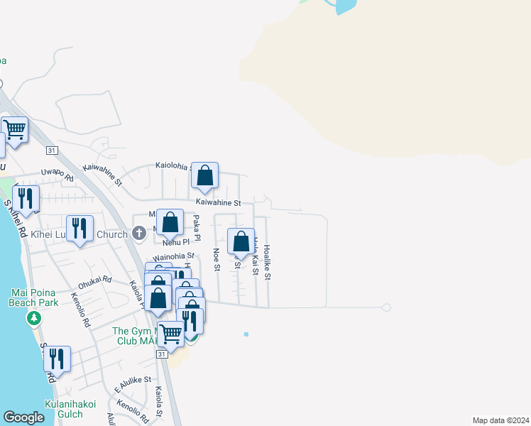 map of restaurants, bars, coffee shops, grocery stores, and more near 503 Lauloa Street in Kihei