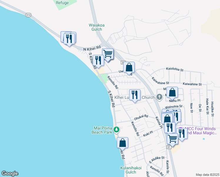 map of restaurants, bars, coffee shops, grocery stores, and more near 145 South Kihei Road in Kihei