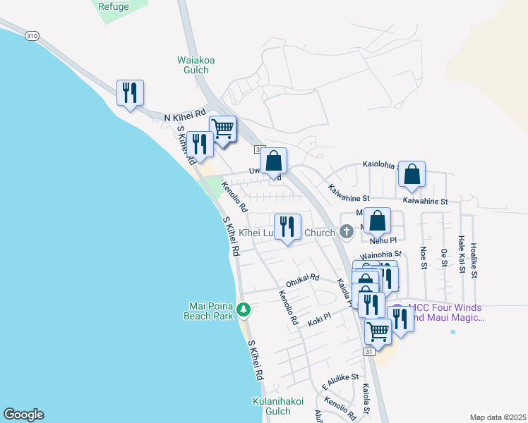 map of restaurants, bars, coffee shops, grocery stores, and more near 92 Honuhula Street in Kihei