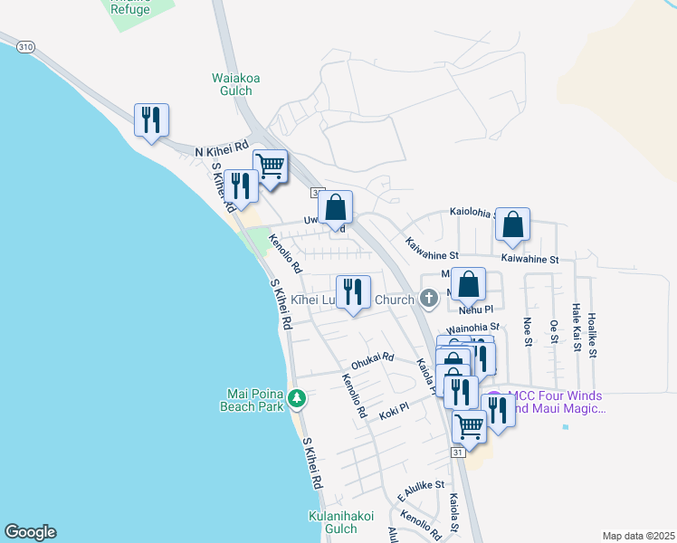 map of restaurants, bars, coffee shops, grocery stores, and more near 88 Honuhula Street in Kihei