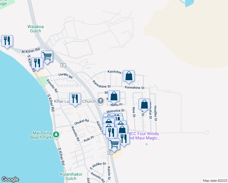 map of restaurants, bars, coffee shops, grocery stores, and more near 307 Manini Place in Kihei