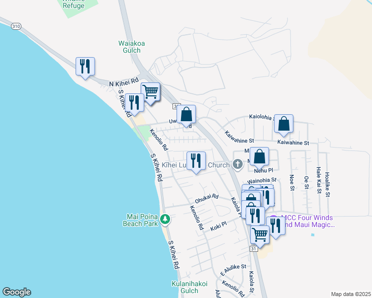 map of restaurants, bars, coffee shops, grocery stores, and more near 76 Honuhula Street in Kihei