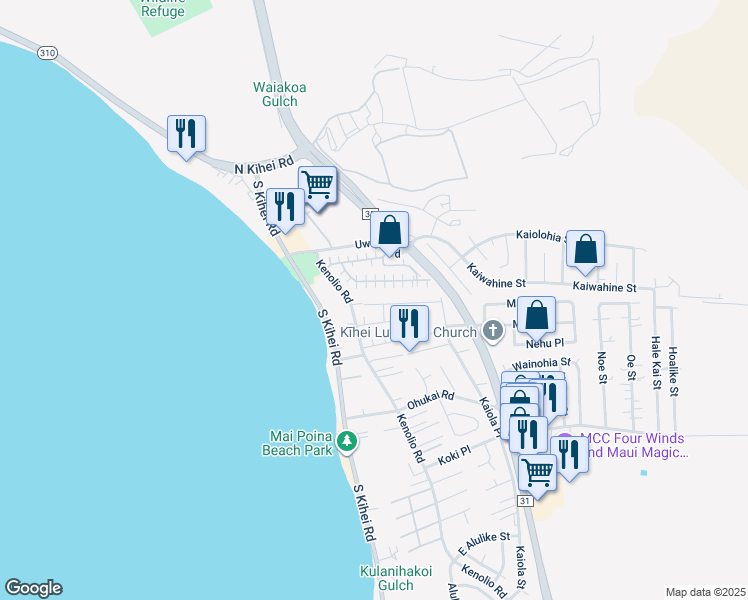 map of restaurants, bars, coffee shops, grocery stores, and more near 100 Honuhula Street in Kihei