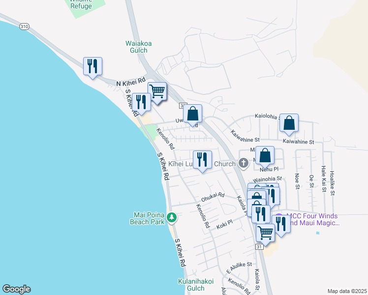 map of restaurants, bars, coffee shops, grocery stores, and more near 92 Honuhula Street in Kihei