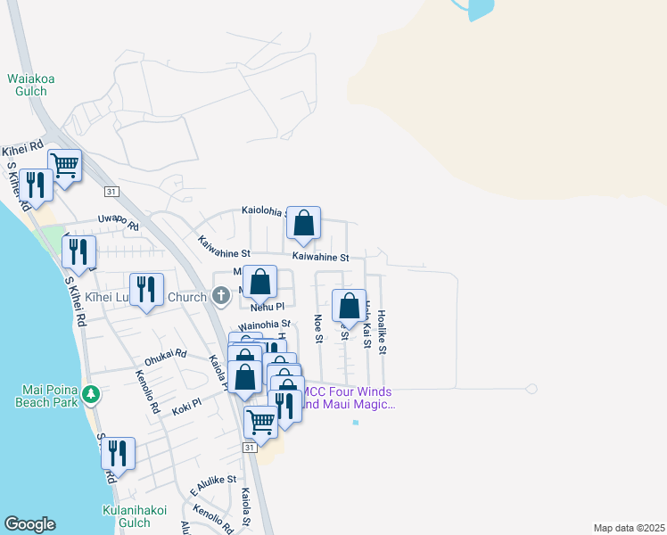map of restaurants, bars, coffee shops, grocery stores, and more near 434 Pa Street in Kihei