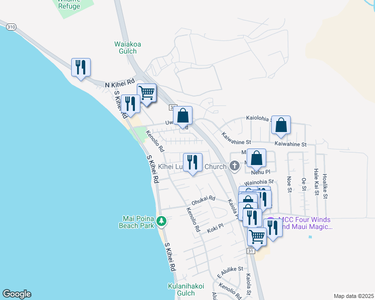 map of restaurants, bars, coffee shops, grocery stores, and more near 62 Honuhula Street in Kihei