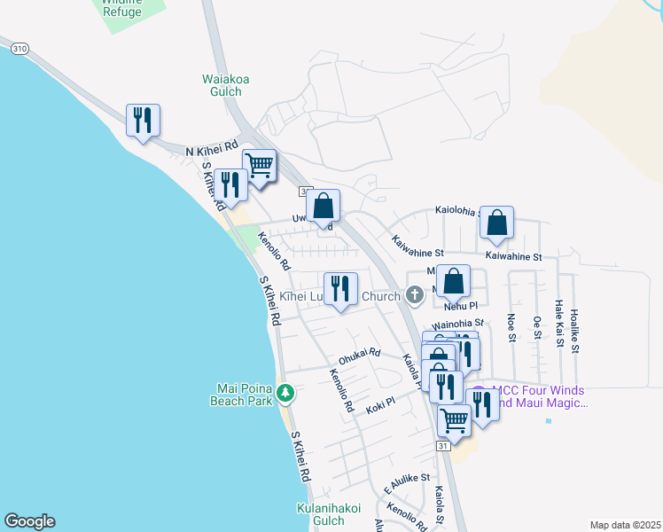 map of restaurants, bars, coffee shops, grocery stores, and more near 62 Honuhula Street in Kihei