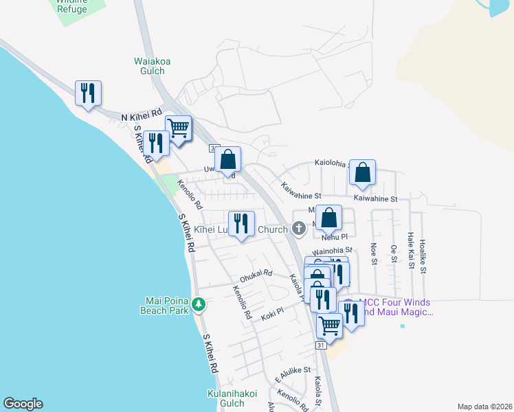 map of restaurants, bars, coffee shops, grocery stores, and more near 5 Honuhula Street in Kihei