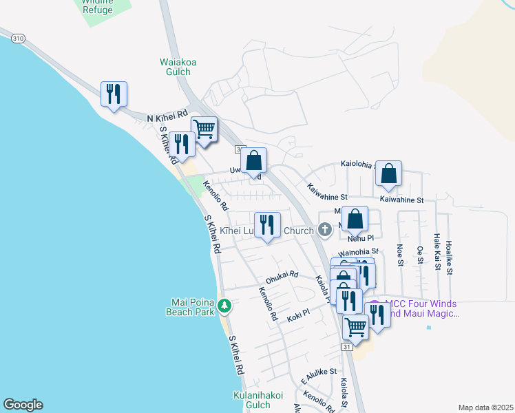 map of restaurants, bars, coffee shops, grocery stores, and more near 140 Uwapo Road in Kihei