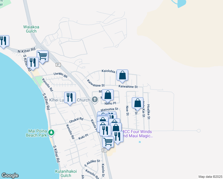 map of restaurants, bars, coffee shops, grocery stores, and more near 321 Manini Place in Kihei