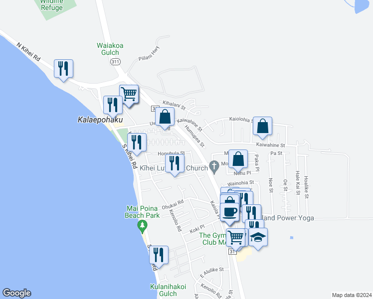 map of restaurants, bars, coffee shops, grocery stores, and more near 12 Honuhula Street in Kihei