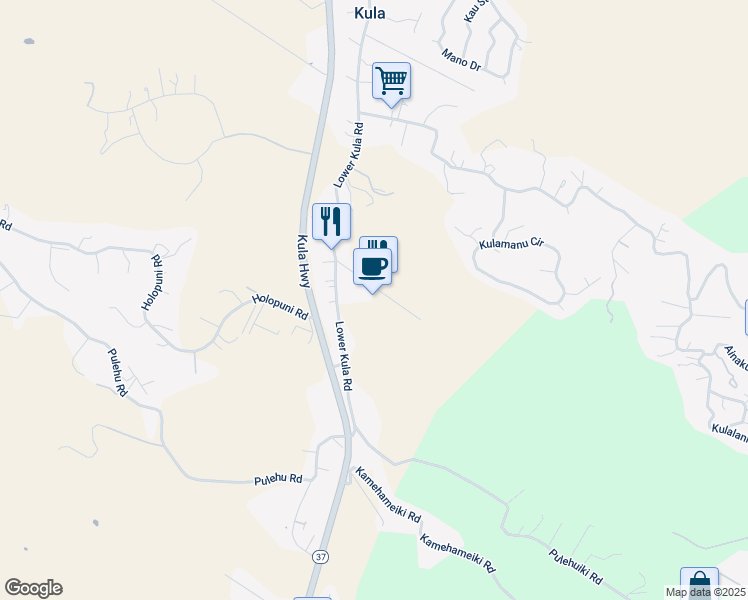 map of restaurants, bars, coffee shops, grocery stores, and more near 101 Pulehunui Road in Kula