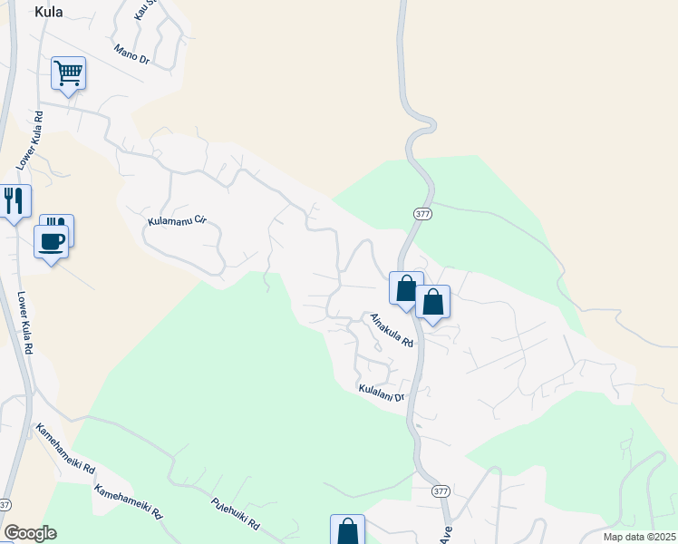 map of restaurants, bars, coffee shops, grocery stores, and more near 0 Ainakula Road in Kula